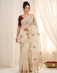 White Original Banarasi Checks Saree Designer Party Wear Saree With Beads Handwork Zari Border Rich Pallu Wedding Festive Saree