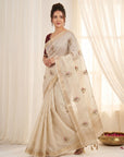 White Original Banarasi Checks Saree Designer Party Wear Saree With Beads Handwork Zari Border Rich Pallu Wedding Festive Saree