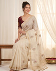 White Original Banarasi Checks Saree Designer Party Wear Saree With Beads Handwork Zari Border Rich Pallu Wedding Festive Saree