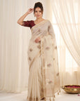 White Original Banarasi Checks Saree Designer Party Wear Saree With Beads Handwork Zari Border Rich Pallu Wedding Festive Saree