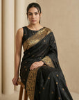 Black Soft Silk Saree Gold Zari Floral Motifs Meenakari Sparrow Pallu Saree With Running Blouse