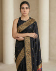 Black Soft Silk Saree Gold Zari Floral Motifs Meenakari Sparrow Pallu Saree With Running Blouse