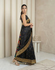 Black Soft Silk Saree Gold Zari Floral Motifs Meenakari Sparrow Pallu Saree With Running Blouse