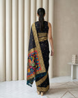 Black Soft Silk Saree Gold Zari Floral Motifs Meenakari Sparrow Pallu Saree With Running Blouse