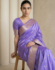 Lavender Soft Silk Saree Gold Zari Floral Motifs Meenakari Sparrow Pallu Saree With Running Blouse