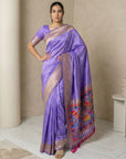 Lavender Soft Silk Saree Gold Zari Floral Motifs Meenakari Sparrow Pallu Saree With Running Blouse