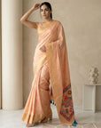 Peach Soft Silk Saree Gold Zari Floral Motifs Meenakari Sparrow Pallu Saree With Running Blouse