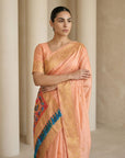 Peach Soft Silk Saree Gold Zari Floral Motifs Meenakari Sparrow Pallu Saree With Running Blouse