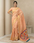 Peach Soft Silk Saree Gold Zari Floral Motifs Meenakari Sparrow Pallu Saree With Running Blouse