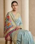 Sky Soft Silk Saree Gold Zari Floral Motifs Meenakari Sparrow Pallu Saree With Running Blouse