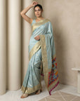 Sky Soft Silk Saree Gold Zari Floral Motifs Meenakari Sparrow Pallu Saree With Running Blouse