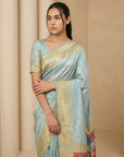 Sky Soft Silk Saree Gold Zari Floral Motifs Meenakari Sparrow Pallu Saree With Running Blouse