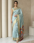 Sky Soft Silk Saree Gold Zari Floral Motifs Meenakari Sparrow Pallu Saree With Running Blouse