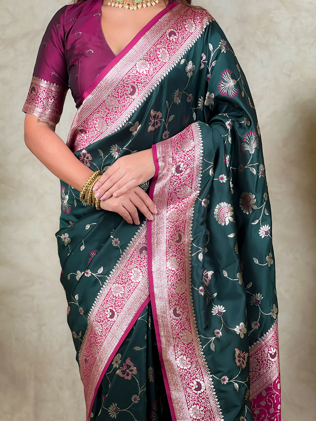 Bottle Green Banarasi Jaal Zari Woven Silk Saree
