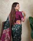 Bottle Green Banarasi Jaal Zari Woven Silk Saree