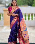 Violet Contrast Zari Woven Chandrakor Swan Yeola Paithani Silk Saree