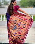 Violet Contrast Zari Woven Chandrakor Swan Yeola Paithani Silk Saree