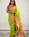 Parrot Green Contrast Zari Woven Chandrakor Swan Yeola Paithani Silk Saree