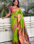 Parrot Green Contrast Zari Woven Chandrakor Swan Yeola Paithani Silk Saree