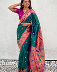 Green Contrast Zari Woven Chandrakor Swan Yeola Paithani Silk Saree