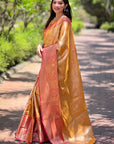 Deep Saffron Kanchipuram Silk Jaal Traditional Rich Zari Woven Saree