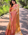 Deep Saffron Kanchipuram Silk Jaal Traditional Rich Zari Woven Saree