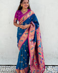 Blue Contrast Zari Woven Chandrakor Swan Yeola Paithani Silk Saree