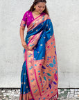 Blue Contrast Zari Woven Chandrakor Swan Yeola Paithani Silk Saree