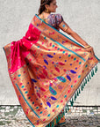 Pink Contrast Zari Woven Chandrakor Swan Yeola Paithani Silk Saree