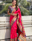 Pink Contrast Zari Woven Chandrakor Swan Yeola Paithani Silk Saree