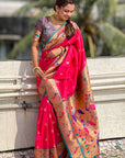 Pink Contrast Zari Woven Chandrakor Swan Yeola Paithani Silk Saree