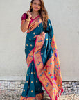 Denim Blue Contrast Zari Woven Chandrakor Swan Yeola Paithani Silk Saree