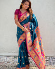 Denim Blue Contrast Zari Woven Chandrakor Swan Yeola Paithani Silk Saree