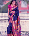 Navy Blue Contrast Zari Woven Chandrakor Swan Yeola Paithani Silk Saree