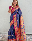 Navy Blue Contrast Zari Woven Chandrakor Swan Yeola Paithani Silk Saree