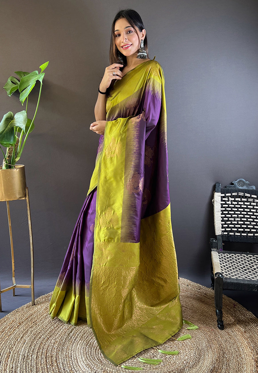 Magenta Wine Soft Silk Floral Border Contrast Zari Woven Saree