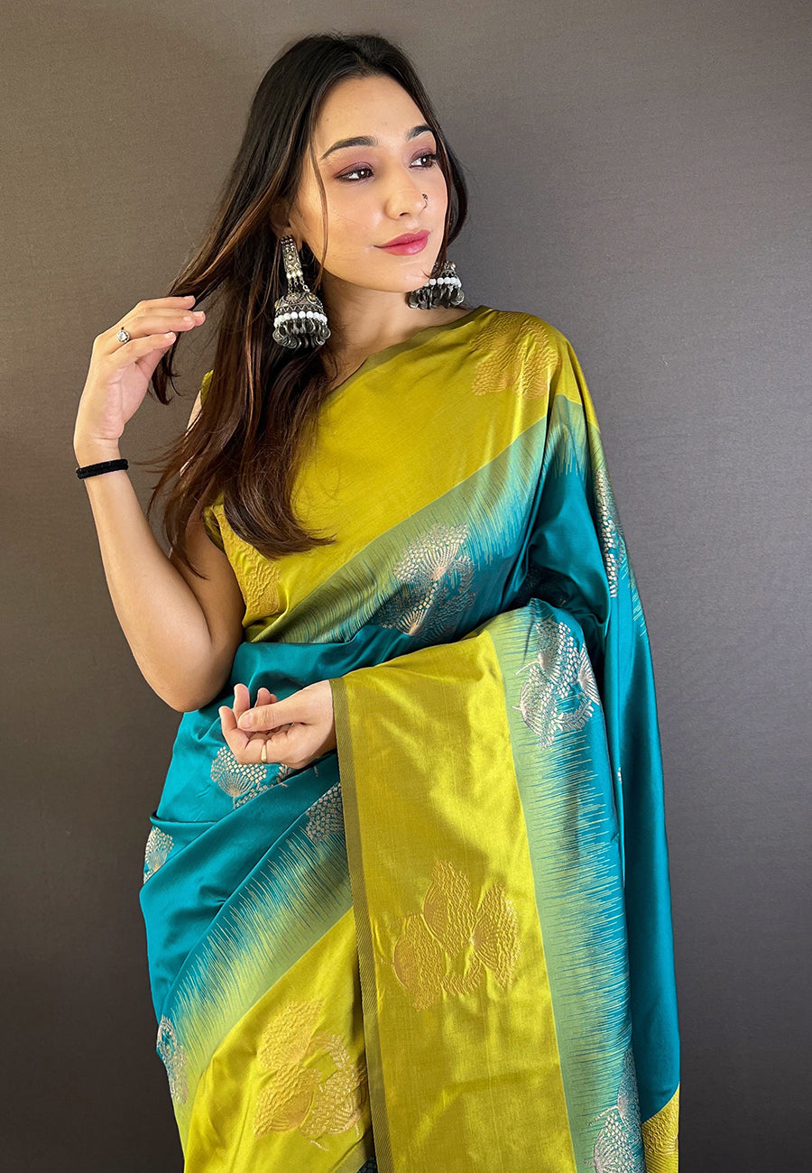 Sea Blue Soft Silk Floral Border Contrast Zari Woven Saree