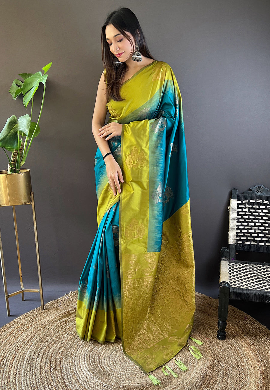 Sea Blue Soft Silk Floral Border Contrast Zari Woven Saree