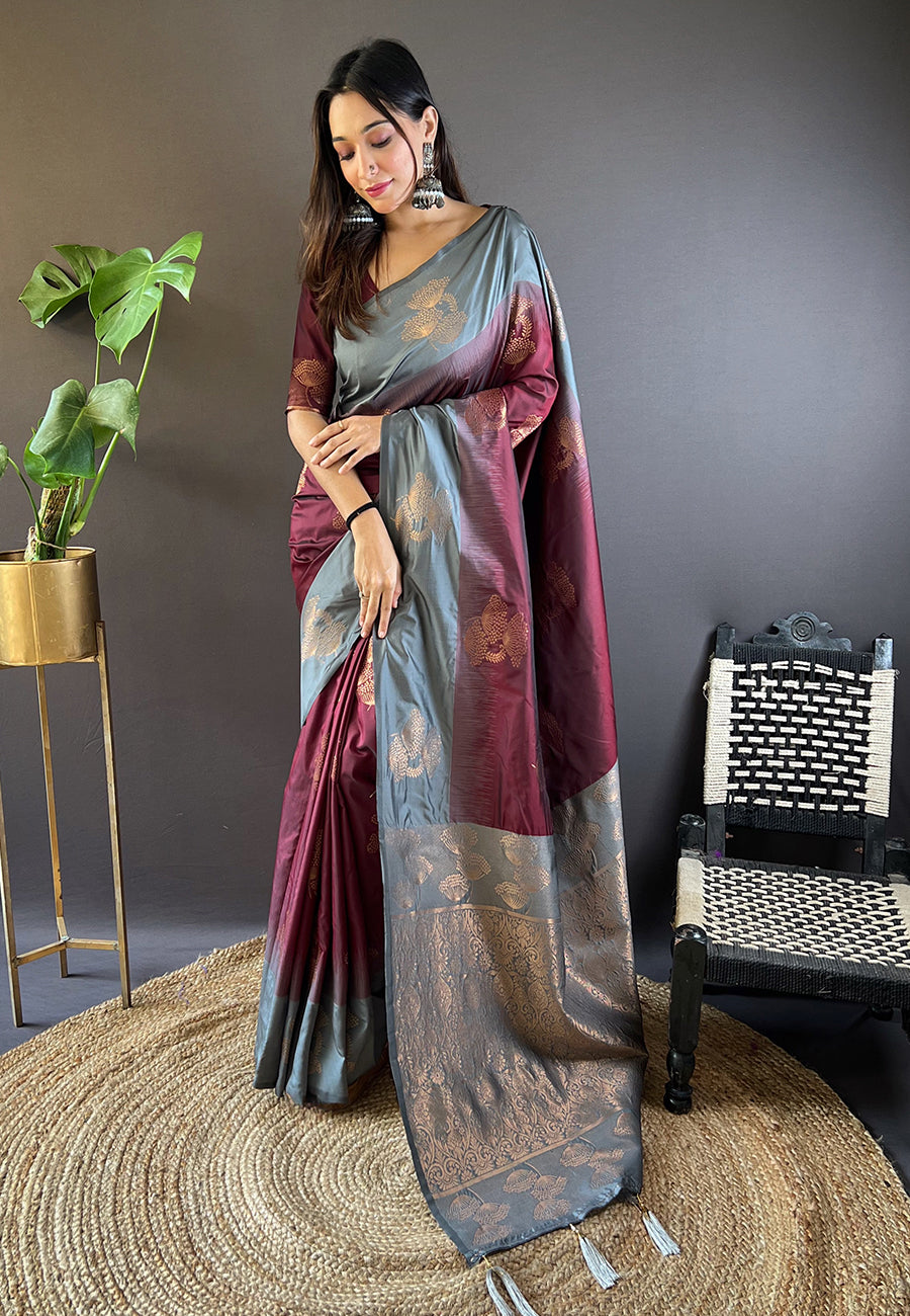 Maroon Soft Silk Floral Border Contrast Zari Woven Saree