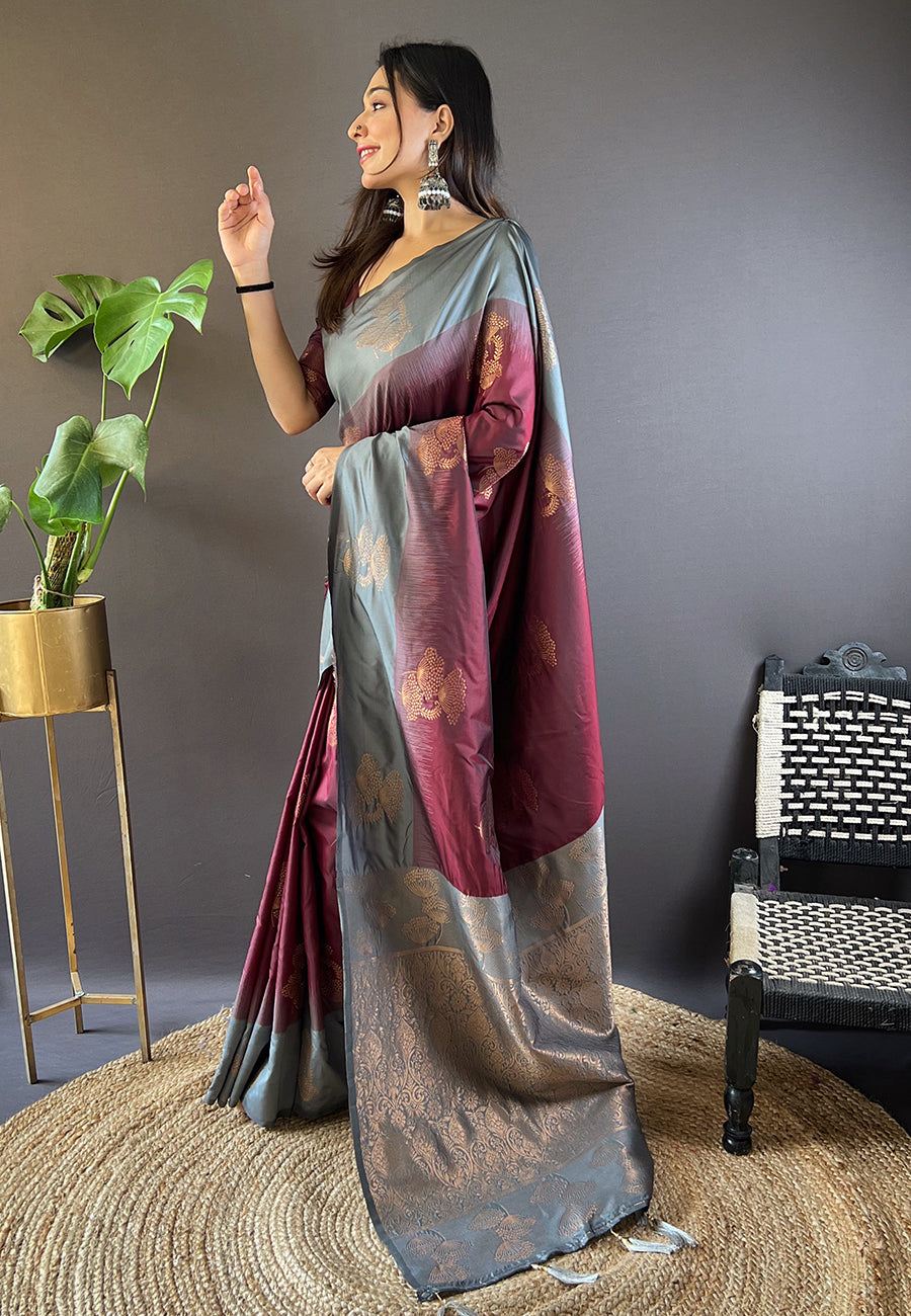 Maroon Soft Silk Floral Border Contrast Zari Woven Saree