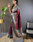 Maroon Soft Silk Floral Border Contrast Zari Woven Saree