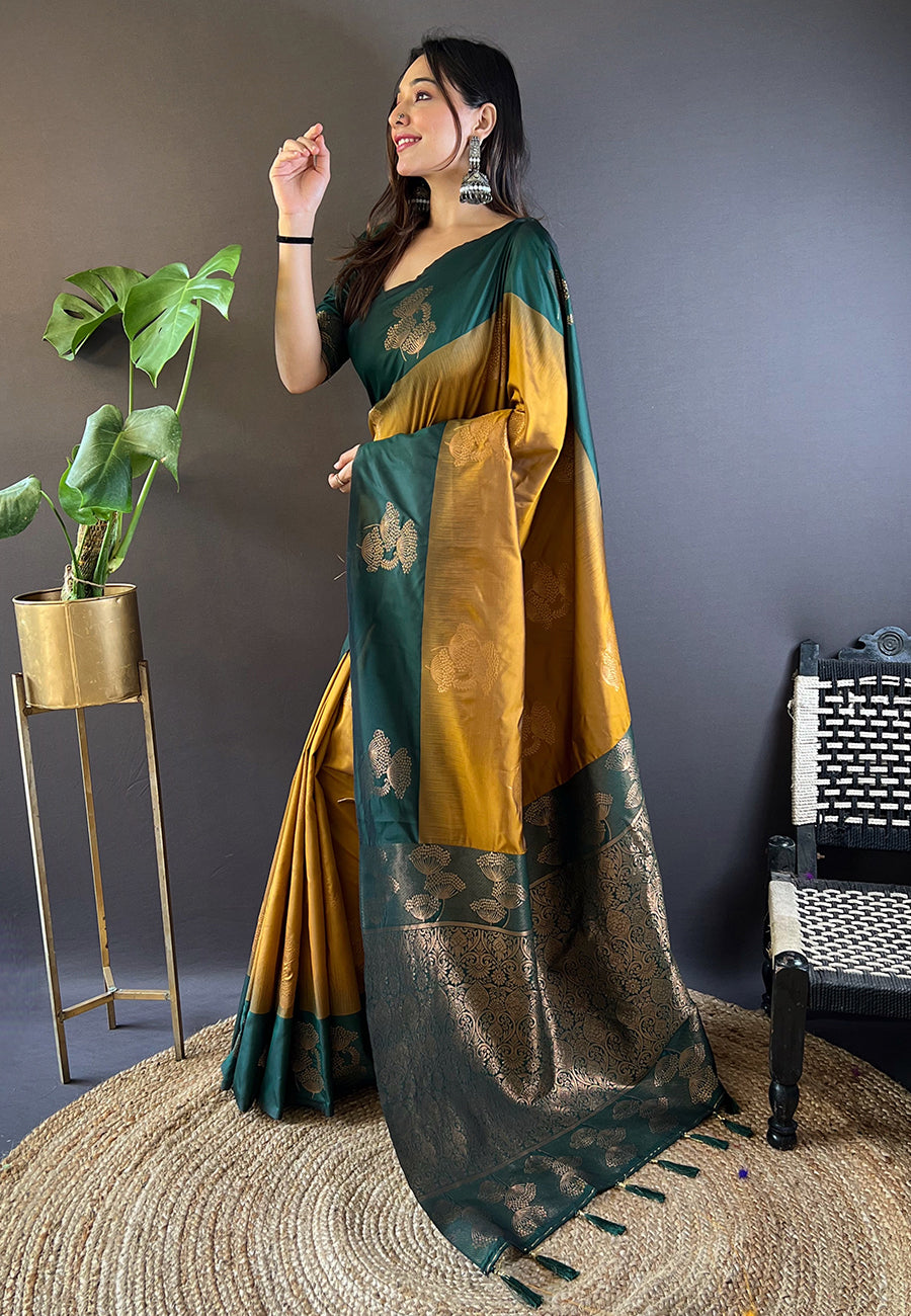 Luxor Gold Soft Silk Floral Border Contrast Zari Woven Saree