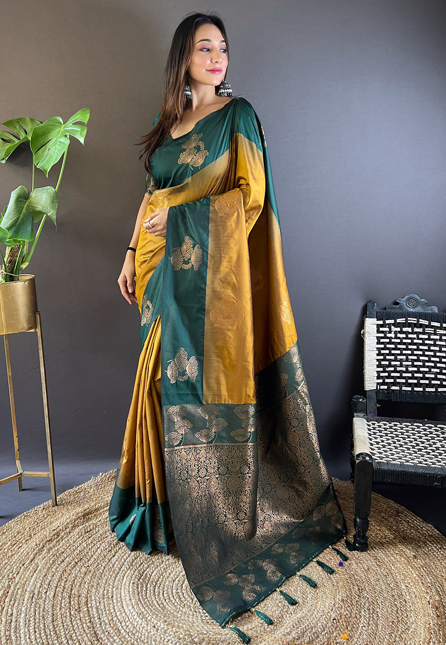 Luxor Gold Soft Silk Floral Border Contrast Zari Woven Saree