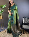 Olive Green Soft Silk Floral Border Contrast Zari Woven Saree