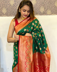 Green Soft Silk Contrast Zari Woven Saree