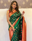 Green Soft Silk Contrast Zari Woven Saree