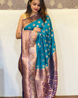 Blue Soft Silk Contrast Zari Woven Saree