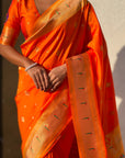 Orange Peacock Paithani Zari Woven Saree