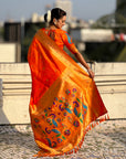 Orange Peacock Paithani Zari Woven Saree