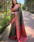 Green Soft Kashmiri Silk Zari Woven Contrast Saree